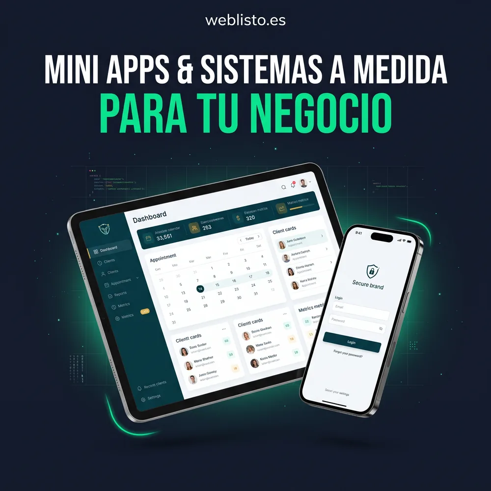 Mini apps y sistemas a medida para tu negocio: panel de gestión con agenda y clientes en tablet y móvil